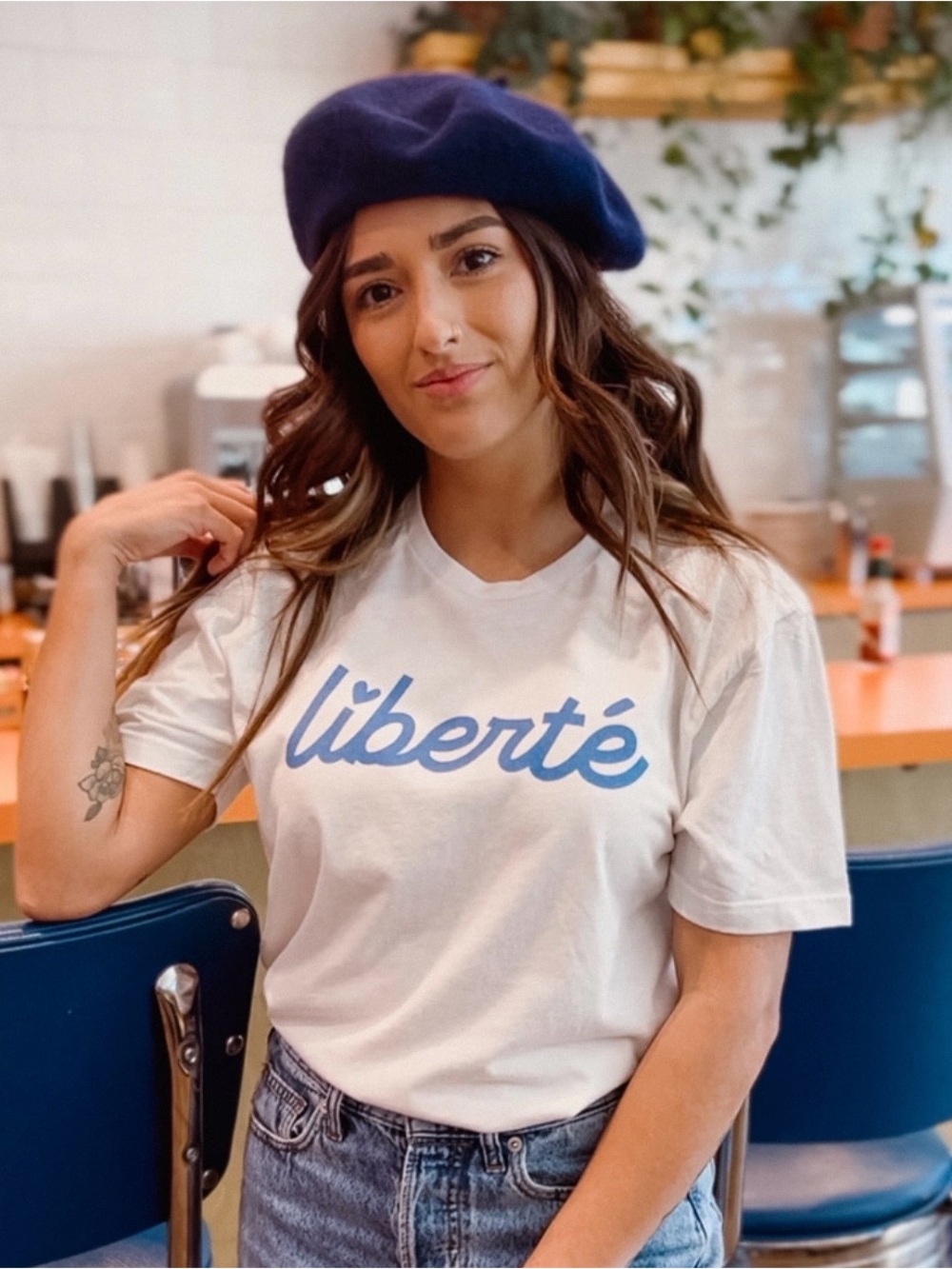 Crown White 'liberté' Short Sleeve Tee with Blue Script